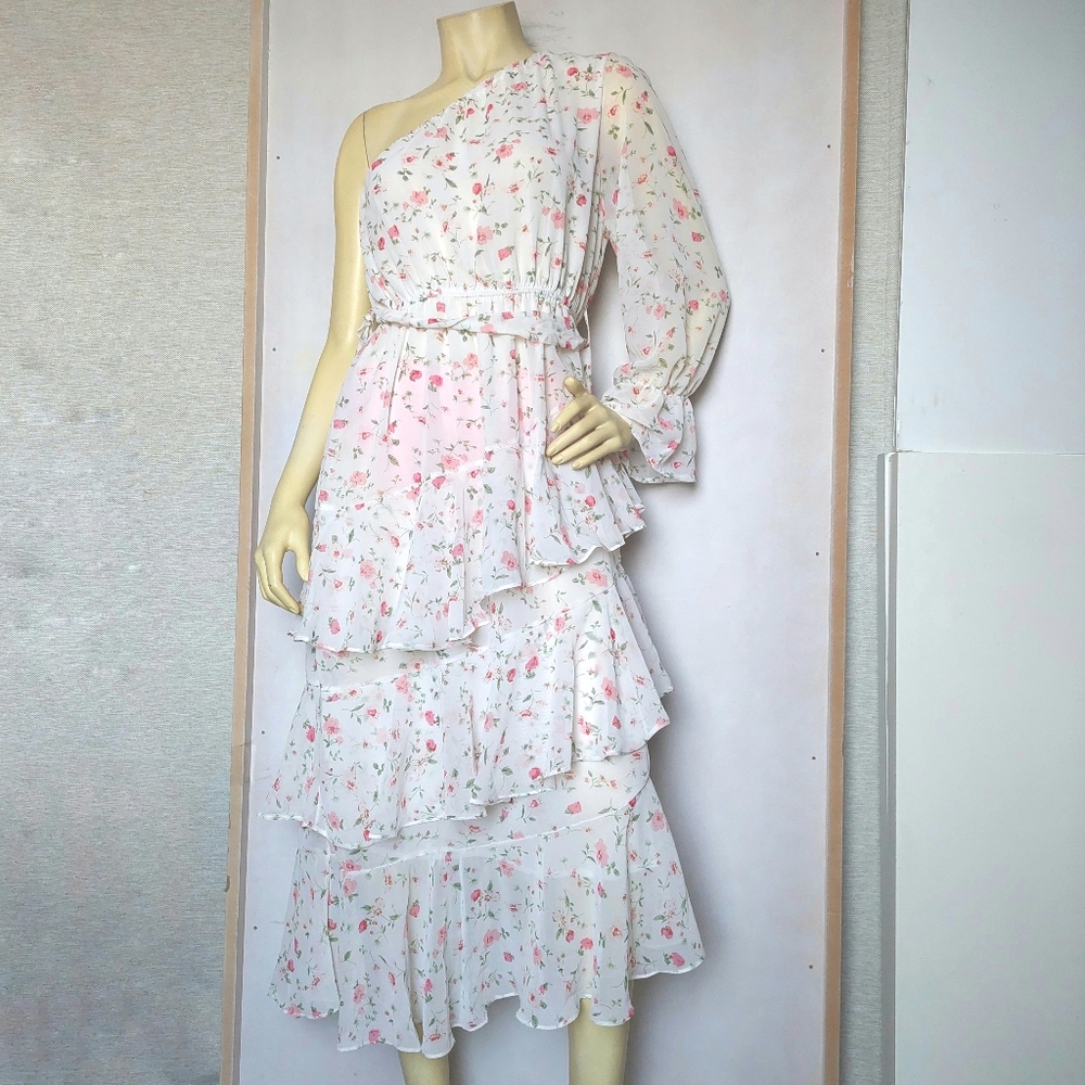Floral One Shoulder Bishop Sleeve Tiered Ruffle Maxi dress